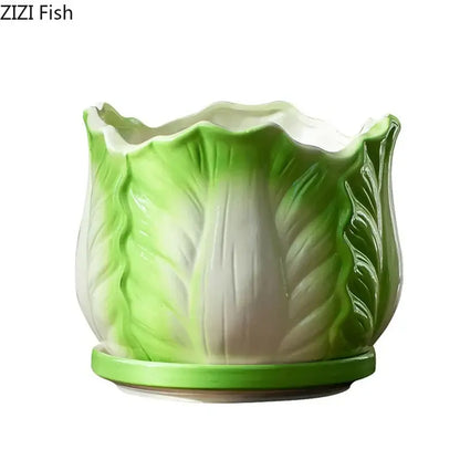 Green ceramic chinese cabbage ceramic vase with matching saucer by decorbites for table decoration and flower arrangement
