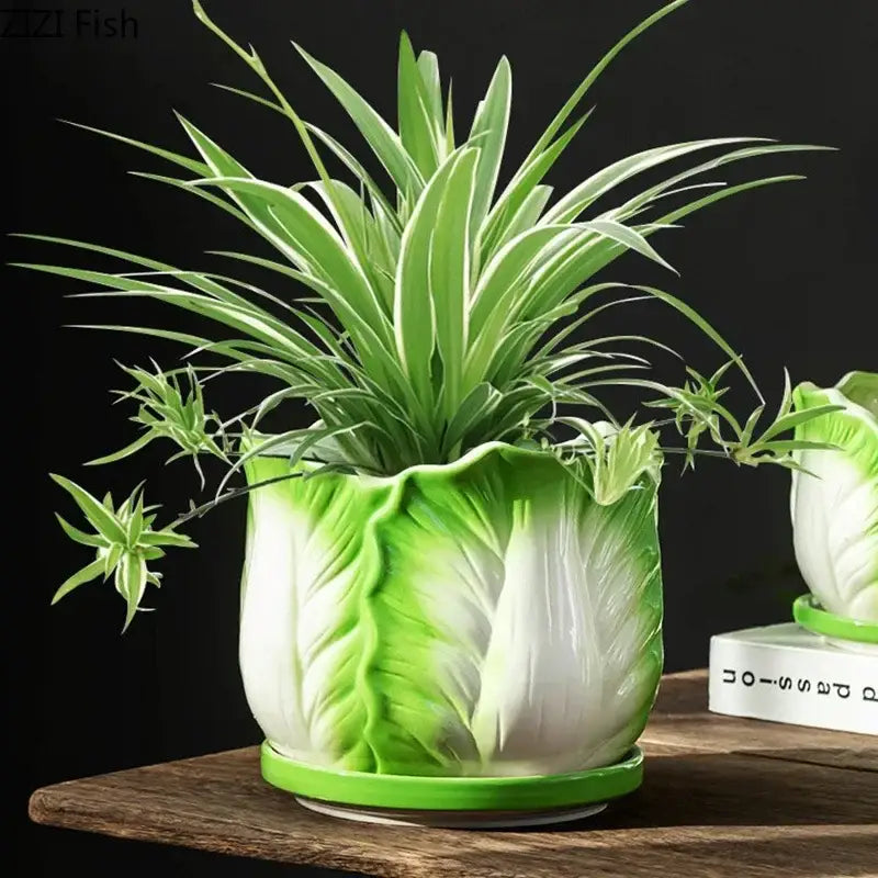 Green and white glossy ceramic vase shaped like chinese cabbage for decorbites chinese cabbage room decoration