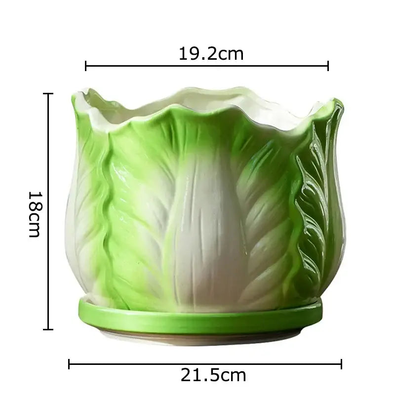 Green and white ceramic vase shaped like chinese cabbage with matching saucer by DecorBites for room decor