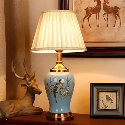 DecorBites™ light blue ceramic table lamp with gold accents and hand-painted birds for living room and study room