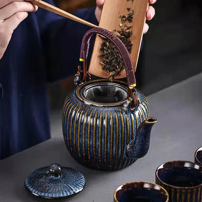 Decorbites™ chinese ceramic teapot set 800ml with glossy blue and gold striped ceramic teapot and woven purple handle