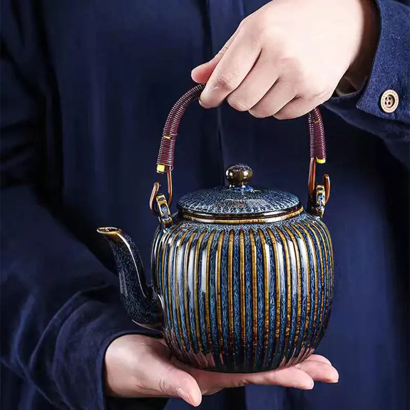 Decorbites™ chinese ceramic teapot set with dark blue and gold striped glaze brass accents and woven handle 800ml