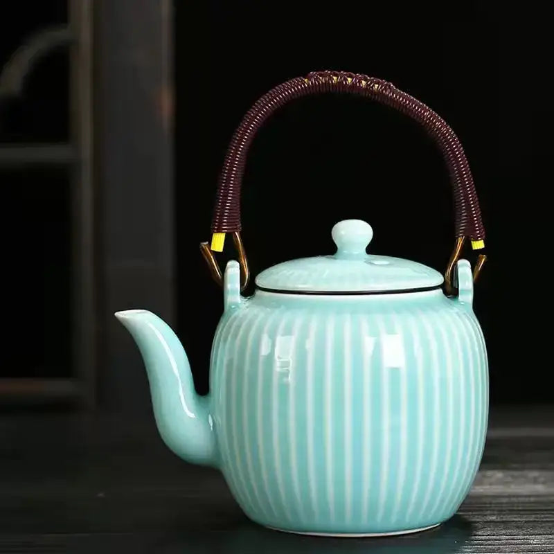 Decorbites™ light blue ceramic teapot set with vertical white stripes and woven dark brown handle for puer tea