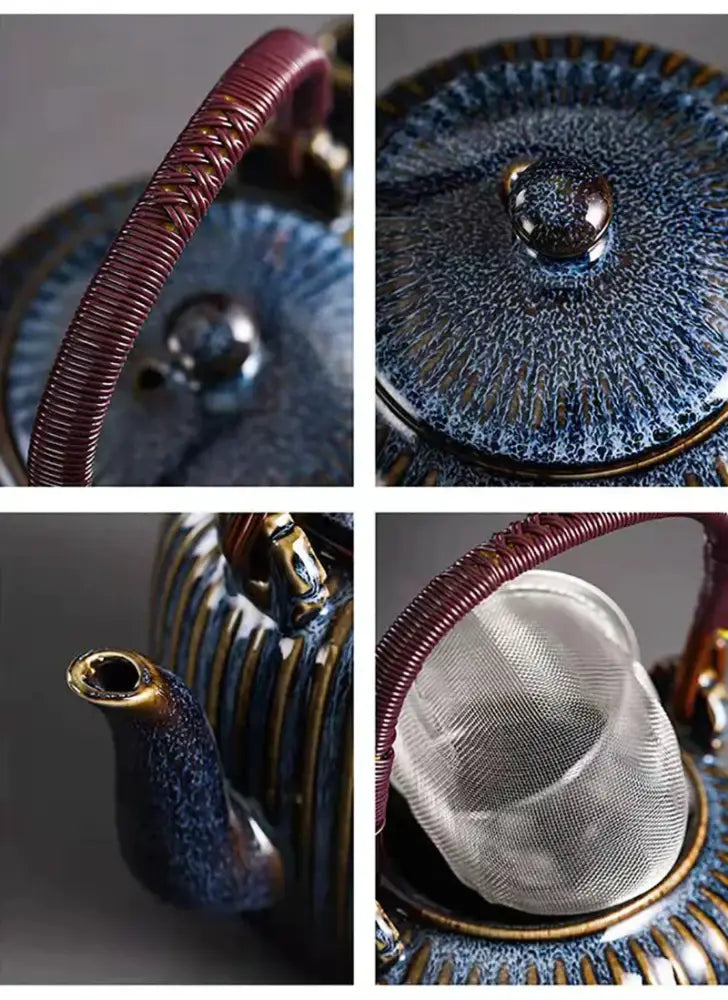 Deep blue ceramic teapot set with marbled glaze gold accents and burgundy handle decorbites chinese 800ml filter teapot