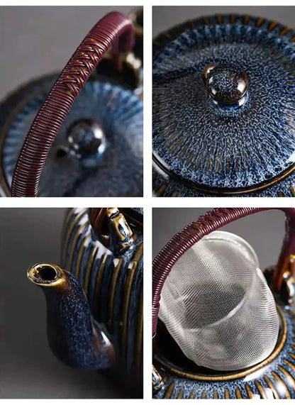 Deep blue ceramic teapot set with marbled glaze gold accents and burgundy handle decorbites chinese 800ml filter teapot