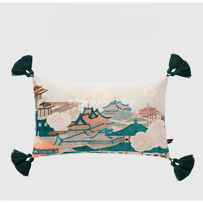 Rectangular decorbites™ chinese city landscape velvet pillow cover with embroidered design and dark green tassels