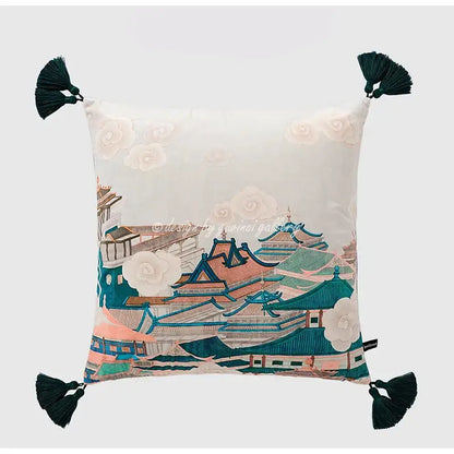 DecorBites™ city landscape velvet pillow cover with teal peach roofs embroidered on square cushion with tassels