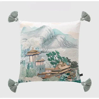 White velvet pillow cover featuring a delicate chinese city landscape illustration with gray tassels 30x50cm