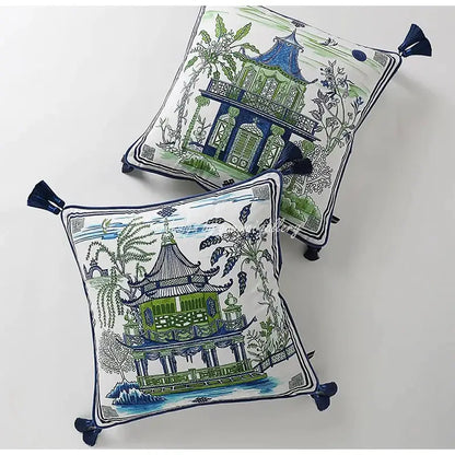 Decorbites™ chinese city landscape velvet pillow cover with embroidered pavilions and navy tassels 30x50cm