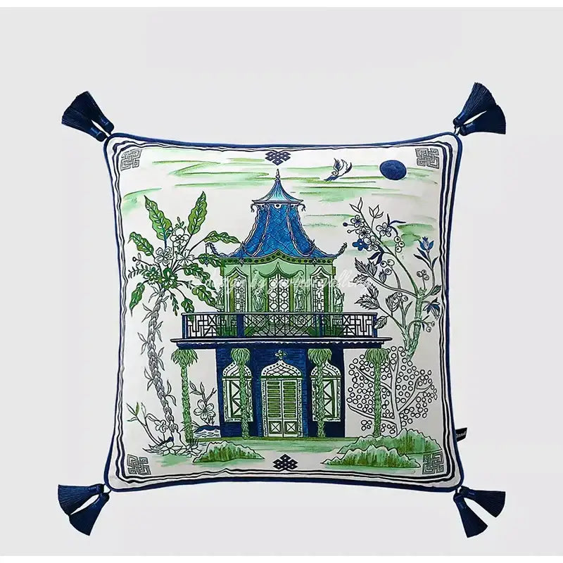 Decorbites™ chinese city landscape velvet pillow cover with blue and green pagoda embroidery and navy tassels