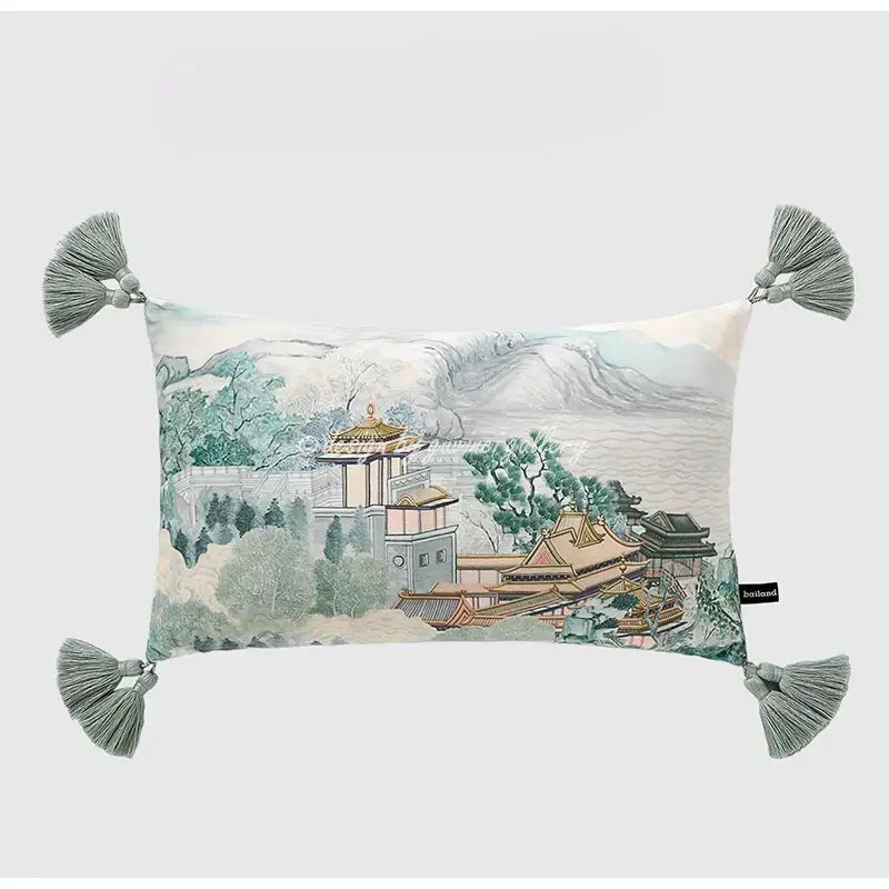 Decorbites™ chinese city landscape velvet pillow cover with watercolor design and sage green tassels 30x50cm
