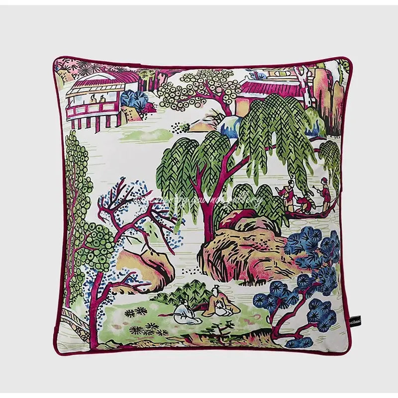 DecorBites™ Chinese city landscape velvet pillow cover with tassels featuring an east Asian garden scene on cream