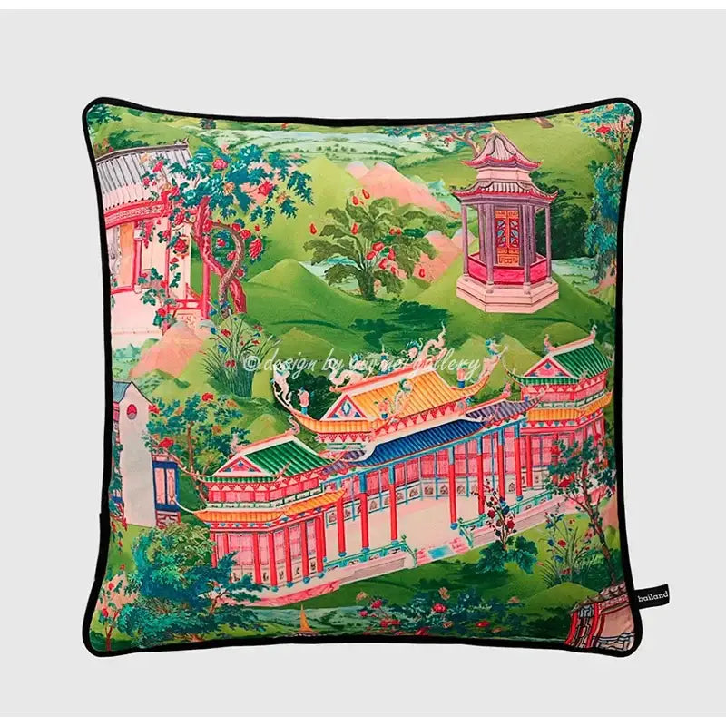 Decorbites™ chinese city landscape velvet pillow cover with red and gold pagodas on lush green hills 30x50cm