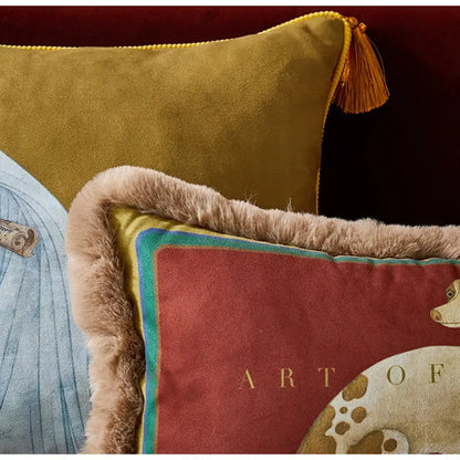 Olive green velvet cushion cover with gold tassel trim featuring classical women print by decorbites