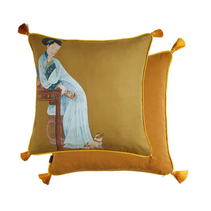 Golden velvet cushion cover with classical women print of a chinese woman in blue robes and gold tassels by DecorBites™