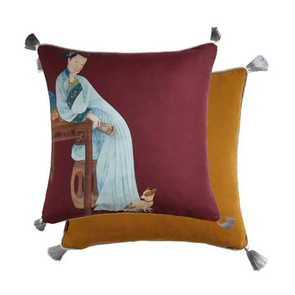 Maroon velvet cushion cover featuring classical women print of a chinese woman in light blue robes with gray tassels