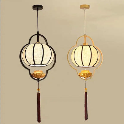 DecorBites™ chinese cloth chandelier pendant light with black and gold frames white fabric shades for elegant tea house decor