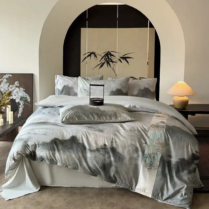 Silk duvet cover set with soft gray white ink wash landscape design and digital printing bedding by decorbites