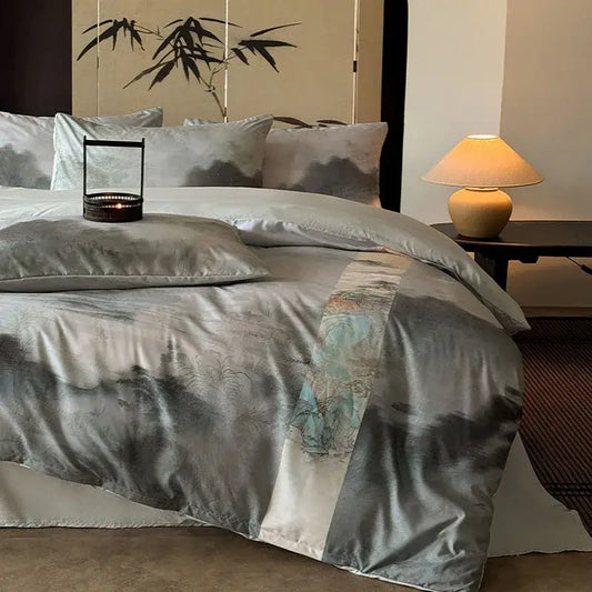 Silk duvet cover with delicate ink wash landscape design in muted greys and blues in decorbites digital printing bedding set