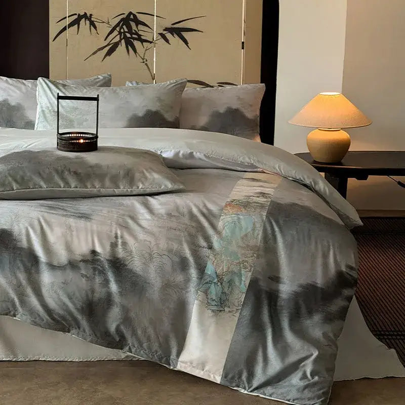 Silk duvet cover with delicate ink wash landscape design in muted greys and blues in decorbites digital printing bedding set
