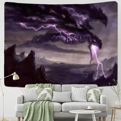 Purple lightning dragon castle totem tapestry hanging above a gray sofa in a dragon castle totem decor setting