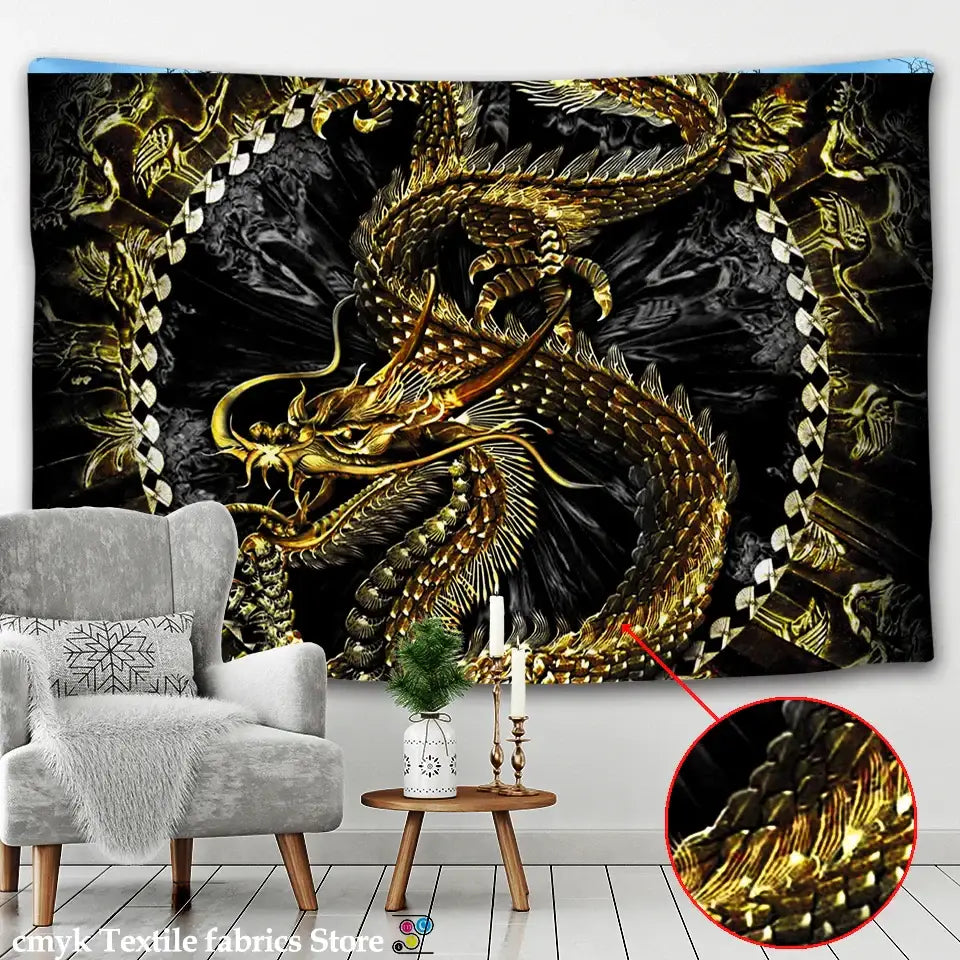 Decorbites™ dragon castle totem tapestry features a striking black and gold design with intricate metallic scales for wall or beach use