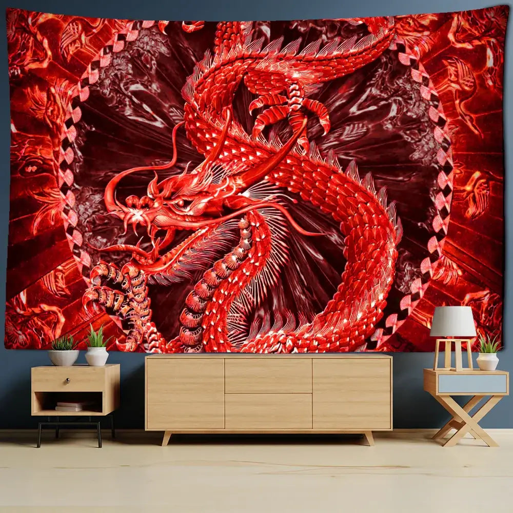 A vibrant red dragon castle totem tapestry with intricate scales and detailed wings on a dark background wall hanging