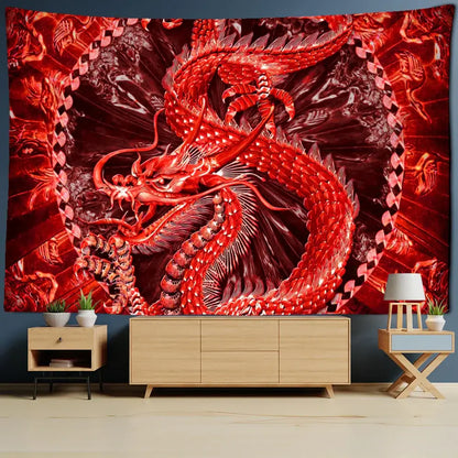 A vibrant red dragon castle totem tapestry with intricate scales and detailed wings on a dark background wall hanging