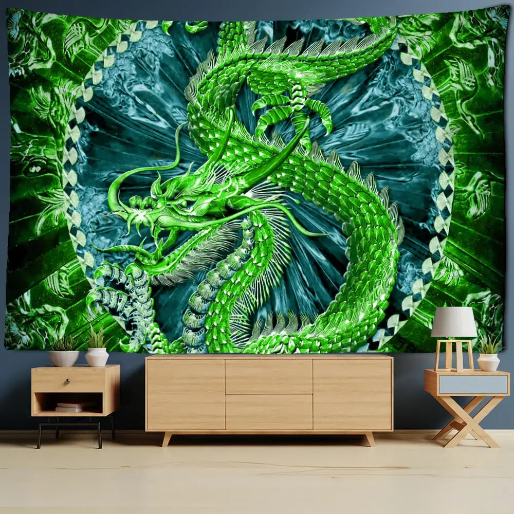 Decorbites™ vibrant green dragon castle totem tapestry with intricate scales as striking wall decor and beach mat