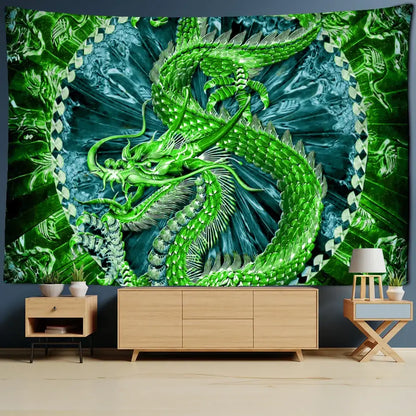 Decorbites™ vibrant green dragon castle totem tapestry with intricate scales as striking wall decor and beach mat
