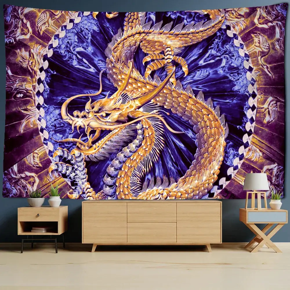 Vibrant golden dragon castle totem tapestry wall hanging with intricate scales and geometric purple background design