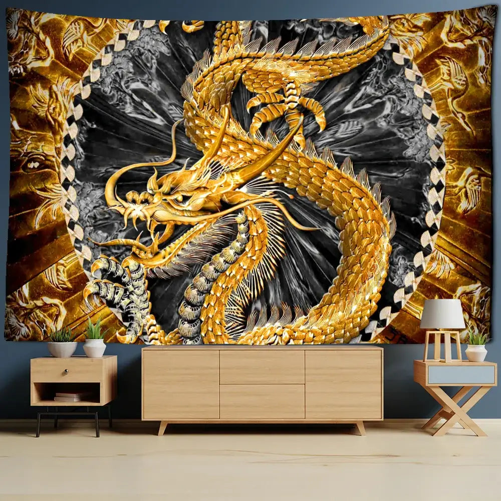 Golden dragon castle totem tapestry wall hanging with intricate scales and fierce expression on black checkered background
