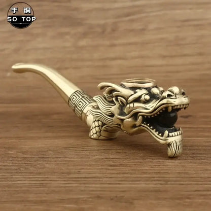 Brass dragon-shaped copper filter pipe with intricate scales and geometric patterns for men’s smoking accessory gift