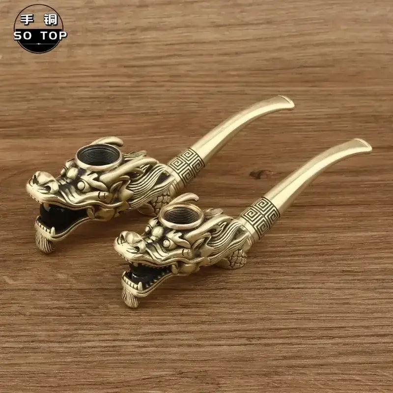 Two handmade brass dragon-head copper filter pipes with detailed scales and black interior for men’s smoking accessory gift