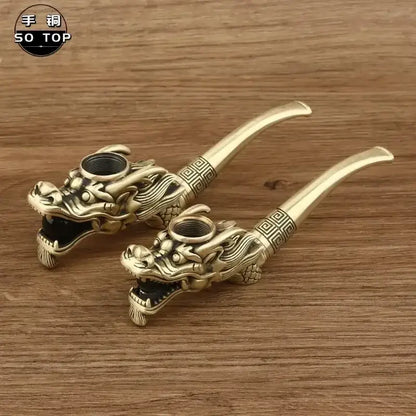 Two handmade brass dragon-head copper filter pipes with detailed scales and black interior for men’s smoking accessory gift