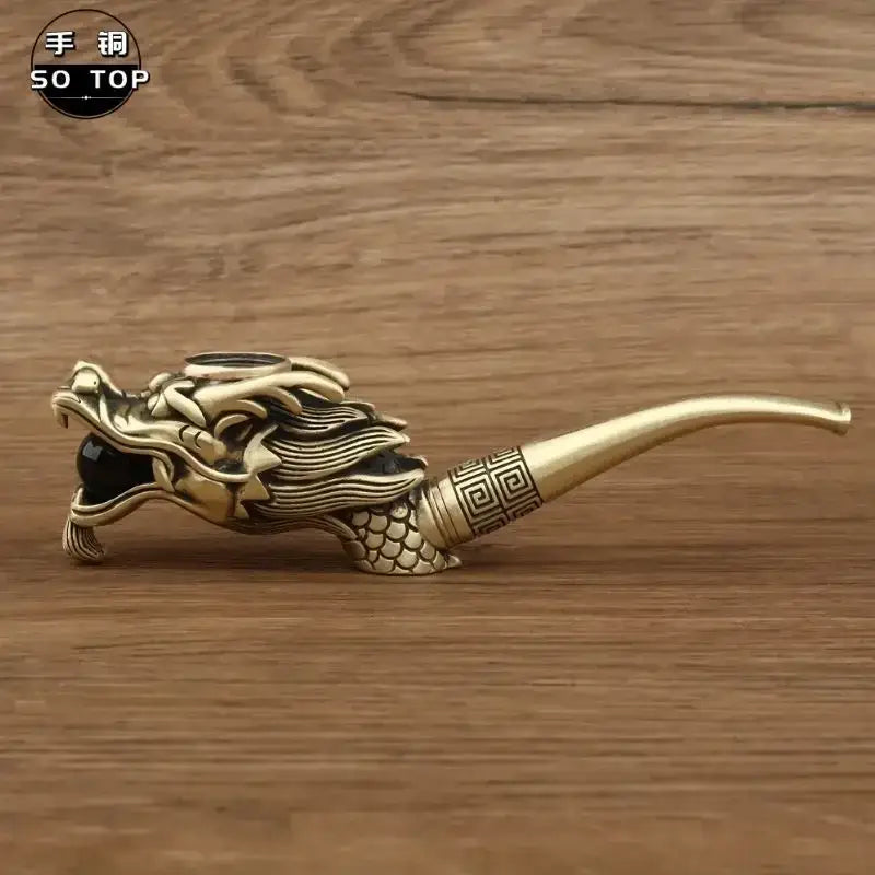 DecorBites™ Chinese dragon copper filter pipe with brass dragon head, black onyx, and geometric patterns along stem