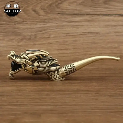 DecorBites™ Chinese dragon copper filter pipe with brass dragon head, black onyx, and geometric patterns along stem