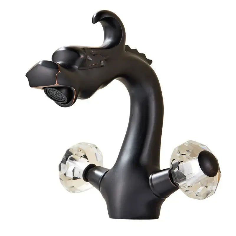 Black dragon-themed basin faucet with dual crystal handle basin knobs for hot and cold deck mounted sink by decorbites