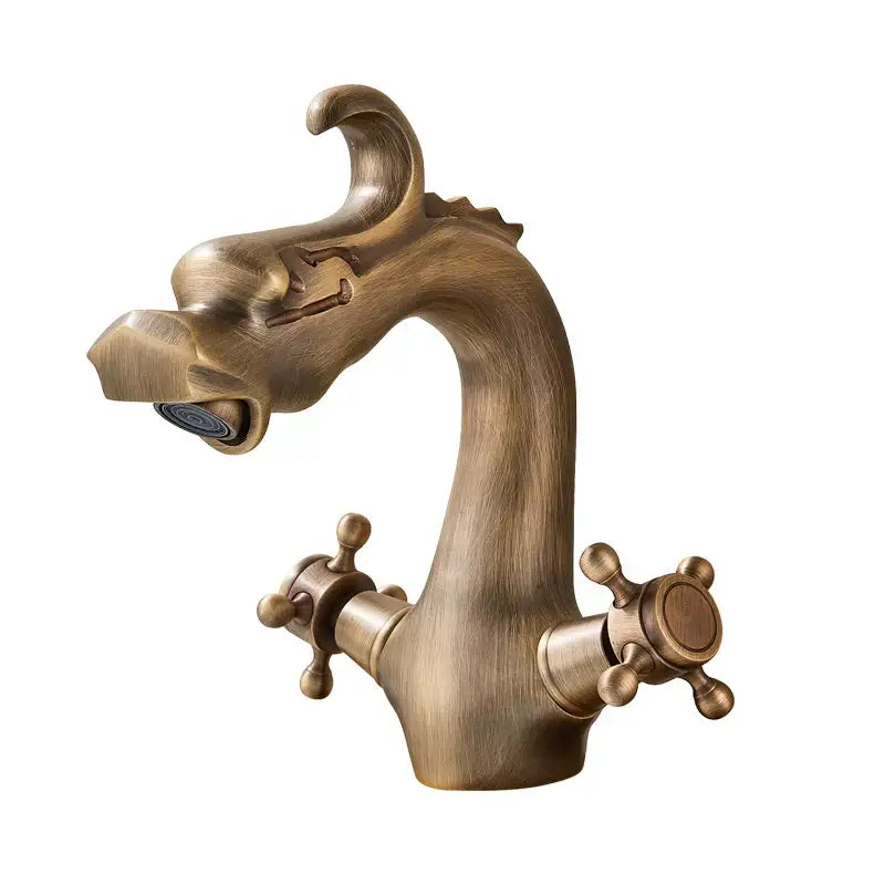 DecorBites™ antique brass basin faucet with dragon crystal handle and ornate sculpted head for deck mounted sink