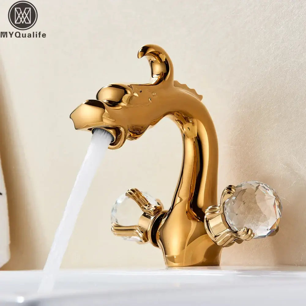 Decorbites™ golden basin faucet with dragon crystal handle and dual hot cold deck mounted sink design