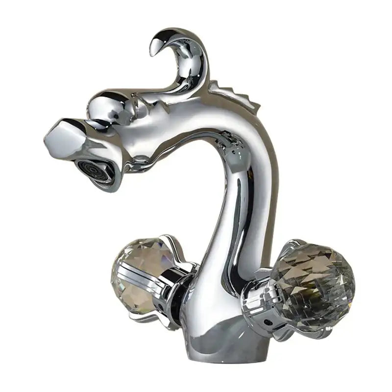 Chrome-finished decorbites™ chinese dragon crystal handle basin faucet with ornate sculpted spout and cross handles