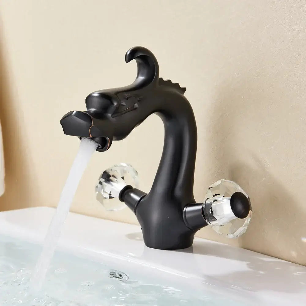 Black dragon-themed basin faucet with crystal handle knobs for dual hot cold deck mounted sink by decorbites