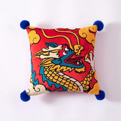 DecorBites™ Chinese dragon embroidered cushion cover in vibrant red with blue yellow white dragon and blue pom-poms
