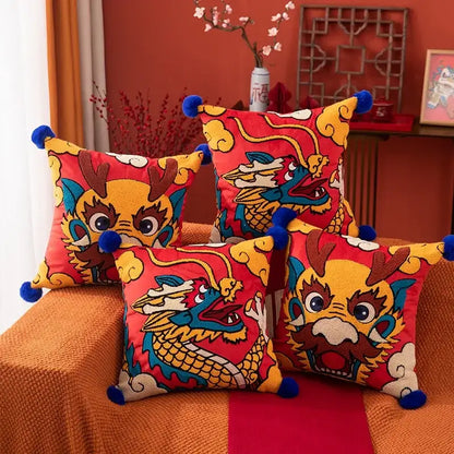 DecorBites™ red dragon embroidered cushion cover with blue pom-poms for festive new year home decor