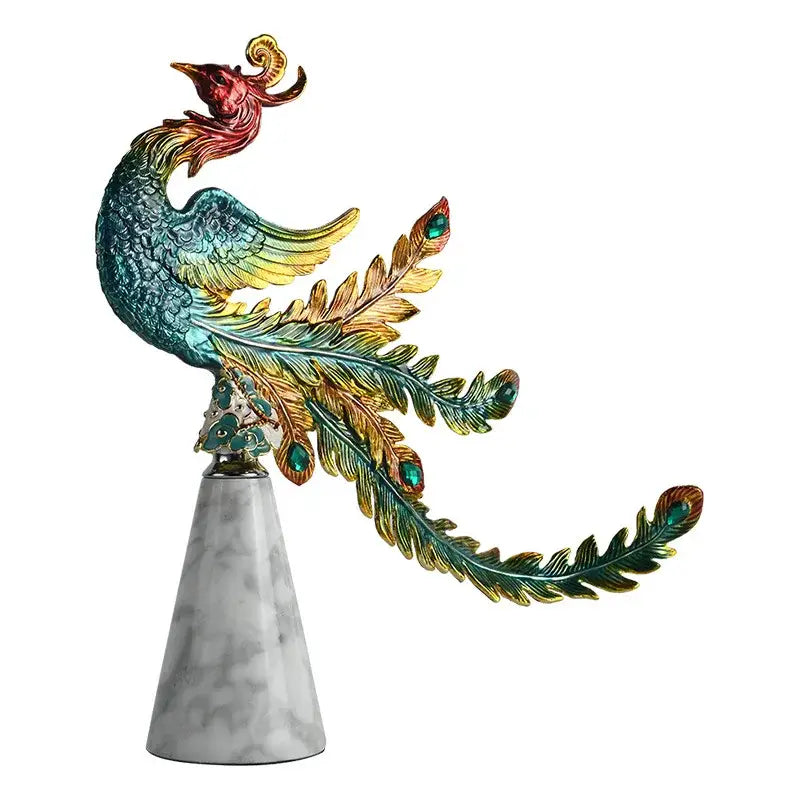 A vibrant DecorBites Chinese dragon phoenix sculpture with iridescent teal gold feathers and emerald gemstones on marble pedestal