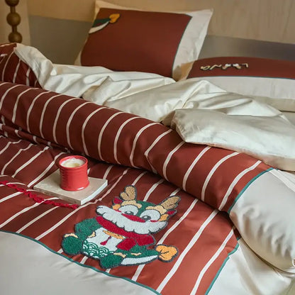 Decorbites™ king size red and white striped embroidered cotton bedding set with colorful chinese dragon design