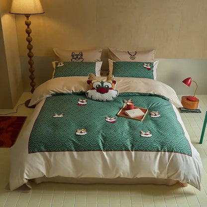Emerald green wave-patterned embroidered cotton bedding set with cartoon tiger motifs and plush deer pillow king size