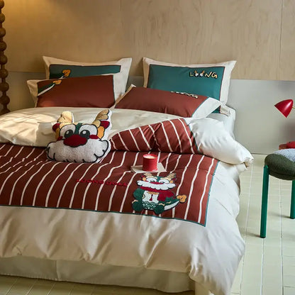 DecorBites Chinese embroidered cotton bedding set king size with cute red and white striped duvet cover and dragon design