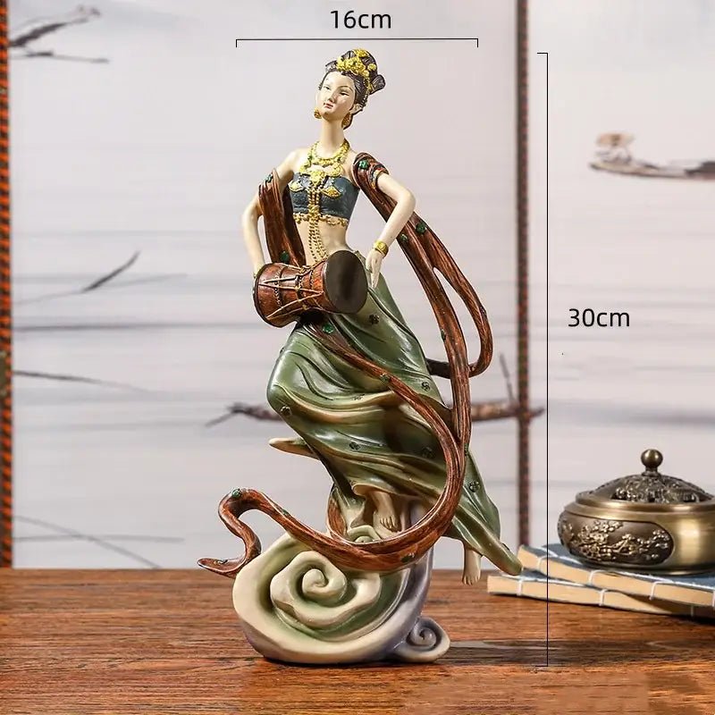 Decorbites™ resin figurine of a chinese goddess fairy musician in green and gold robe home decor sculpture