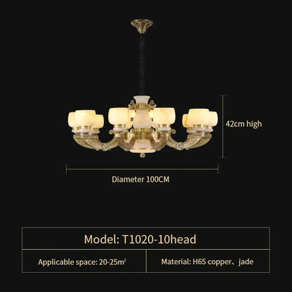 Elegant gold-toned decorbites jade chandelier with ten frosted glass shades and copper jade accents lighting fixture